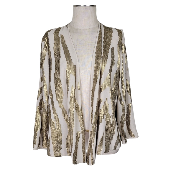 Chico's Jackets & Blazers - Chicos Artisan Zebra Jacket Size 2 L 12 Cream Gold Sequins Open Front Lined New